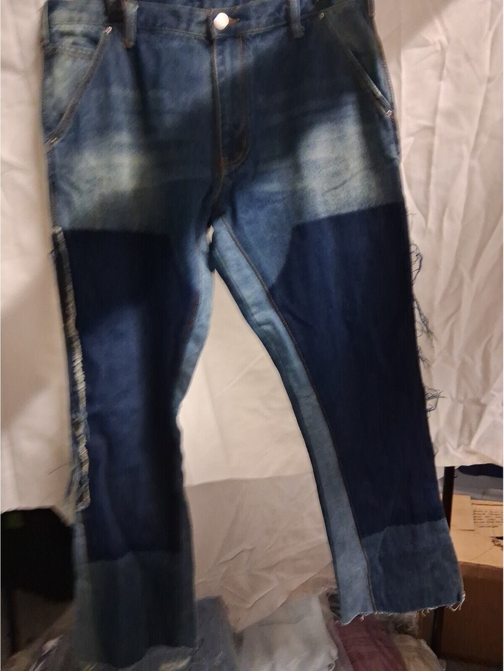 MNML Men’s Two Tone Patchwork Flare Jeans Distressed Frayed Hem 32 G2